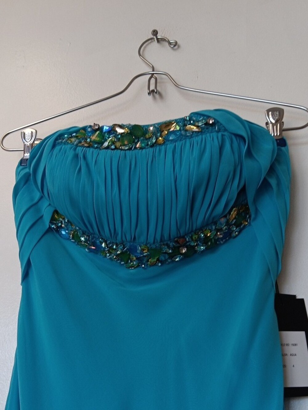 Strapless Aqua Evening Gown with Beaded Detail - Picture 4 of 13